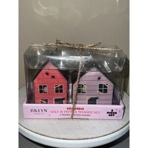BKLYN Steel Co Ceramic Salt and Pepper Shaker Set Haunted House Halloween Pink